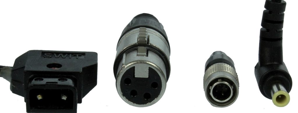 Verschiedene Spannungsteckertypen alle für 12V, Anton Bauer Power Tap, XLR-4Pin-Stecker, Hirose4Pin-Stecker, Sony-Hohlstecker mit Innenpin