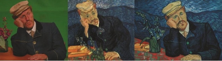 Jerome Flynn im Selbstporträt als Van Gogh, links im Szenenbild, mittig das Original, und rechts das neu gemalte Porträt.